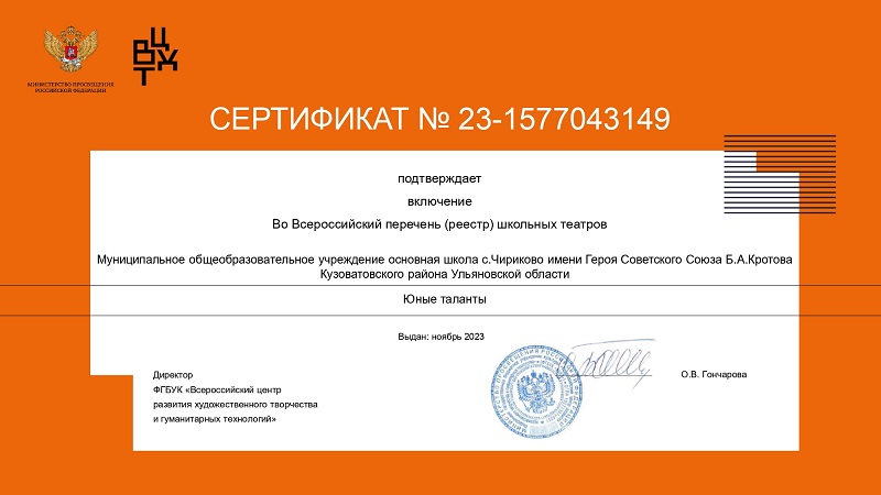 Сертификат о внесении в Реестр театров